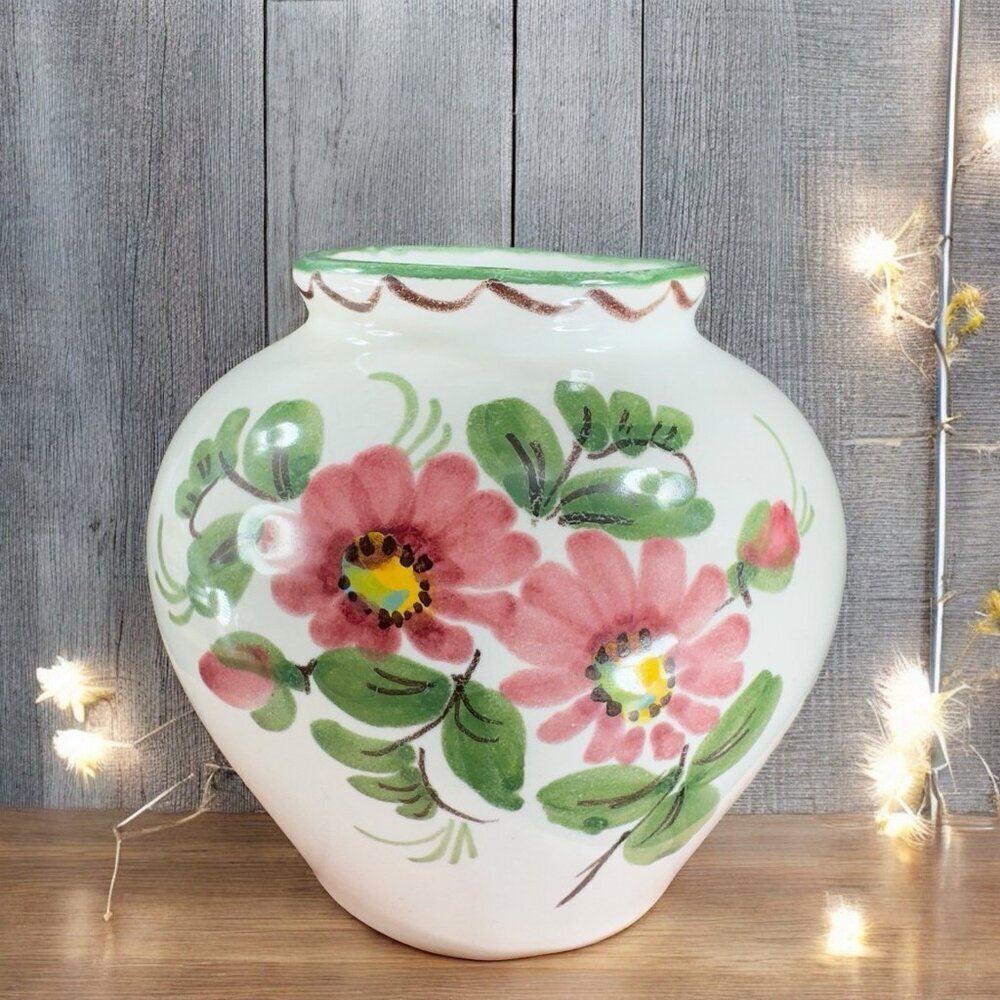 Vintage German Pottery Vase Vessel Flower Pot Planter Ceramic Flower Pattern VTG